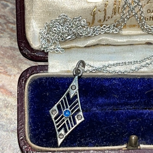 1900’s Antique Sterling Silver Lavaliere Pendant With Blue Gem Necklace - Picture 13 of 15
